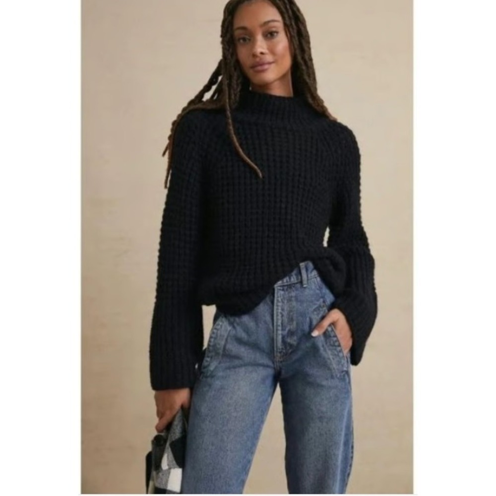 Maeve by Anthropologie Waffle Knit Mock Neck Dionne Bell-Sleeved Sweater XL